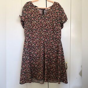 LOFT Black Floral Short Sleeve A-Line Dress